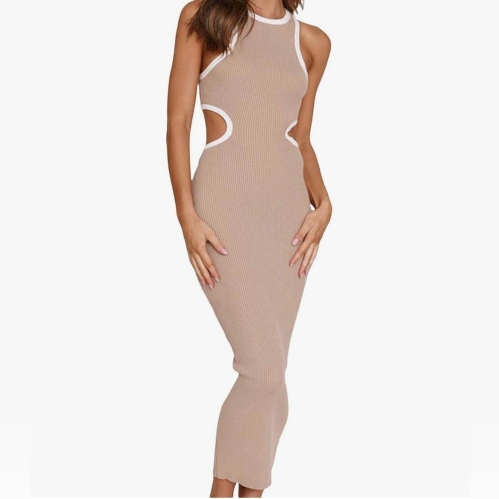 Amazon Womenโs Tan White Cut Out Maxi Body Con Dress